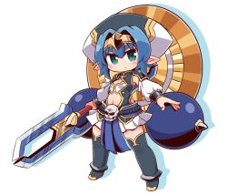 Rule 34 | 1girl, armor, black thighhighs, blue hair, breasts, chibi, clothing cutout, commentary request, full body, glowing, glowing eyes, green eyes, hair between eyes, hat, head tilt, hellmatio, highres, holding, long sleeves, looking at viewer, naga u, navel, navel cutout, pauldrons, pleated skirt, pointy ears, puffy long sleeves, puffy sleeves, shadow, shinrabanshou, short eyebrows, shoulder armor, skirt, skull, small breasts, solo, standing, thick eyebrows, thighhighs, white background, white hat, white skirt