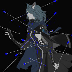 Rule 34 | 1girl, absurdres, animal ear fluff, animal ears, arknights, arrow (projectile), belt, black background, black cape, black dress, black gloves, blood, blue blood, blue hair, breasts, cape, cat ears, colored blood, cowboy shot, dress, female focus, gloves, highres, holding, holding arrow, long sleeves, medium breasts, monique (arknights), muted color, parted lips, partially fingerless gloves, revealing clothes, short hair, sideboob, simple background, single glove, solo, wentao0324
