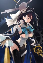 Rule 34 | 1girl, absurdres, black gloves, black hair, black skirt, black thighhighs, blue background, blue bow, blue cape, blue eyes, blue gemstone, blurry, blurry foreground, blush, bow, bow earrings, breasts, cape, chain, chain headband, cleavage, clock, closed mouth, commentary, cowboy shot, crop top, dated, detached sleeves, earrings, english commentary, gears, gem, gloves, gold trim, gradient background, hair intakes, head chain, headpiece, heart-shaped gem, highres, hololive, hololive english, jewelry, looking down, medium breasts, miniskirt, ouro kronii, ouro kronii (1st costume), outstretched arm, shirt, short hair, signature, simple background, skirt, solo, striped clothes, striped skirt, sword, thighhighs, thighs, timo wei95, underboob, veil, vertical-striped clothes, vertical-striped skirt, virtual youtuber, weapon, white shirt, zipper