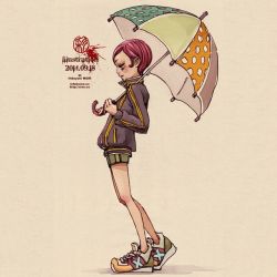Rule 34 | 1girl, dated, full body, hideyuki mori, holding, holding umbrella, long sleeves, original, profile, purple hair, shadow, shoes, short hair, shorts, solo, standing, tan background, umbrella