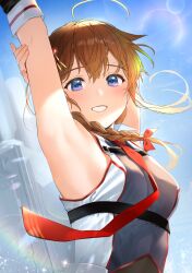 Rule 34 | 1girl, ahoge, armpits, blue eyes, blush, braid, brown hair, chest harness, hair between eyes, hair flaps, harness, highres, kantai collection, long hair, looking at viewer, necktie, open mouth, red necktie, shigure (kancolle), shigure kai san (kancolle), single braid, sleeveless, smile, solo, umakuchi shouyu, upper body