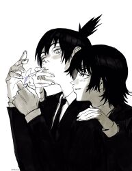 Rule 34 | 1boy, 1girl, black hair, black jacket, black necktie, chainsaw man, cigarette, collared shirt, edpan, eyepatch, formal, grey background, greyscale, hand on another&#039;s shoulder, hayakawa aki, highres, himeno (chainsaw man), holding, holding cigarette, holding lighter, jacket, lighter, lighting cigarette, looking at another, monochrome, necktie, shirt, shirt tucked in, short hair, simple background, smoking, suit, suit jacket, topknot, white shirt