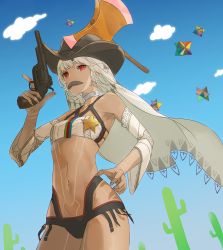 Rule 34 | 1girl, altera (fate), axe, bare shoulders, breasts, cactus, cloud, commentary request, cowboy hat, dark skin, dark-skinned female, day, detached sleeves, facial hair, fate/grand order, fate (series), gun, handgun, hat, huke, mustache, nail polish, navel, red eyes, revolver, saint quartz (fate), sheriff badge, small breasts, solo, star (symbol), veil, weapon, white hair