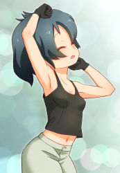 Rule 34 | 10s, 1girl, arm up, armpits, black gloves, black hair, black tank top, breasts, commentary, closed eyes, eyes visible through hair, gloves, highres, kaban (kemono friends), kemono friends, midriff, navel, open mouth, sat-c, short hair, shorts, small breasts, solo, stretching, tank top, white shorts