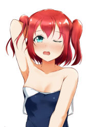 Rule 34 | 10s, 1girl, areola slip, arm up, bare shoulders, blush, breasts, green eyes, kurosawa ruby, looking at viewer, love live!, love live! sunshine!!, medium hair, off shoulder, one-piece swimsuit, one eye closed, open mouth, red hair, rin (ashleyy), simple background, small breasts, solo, standing, swimsuit, twintails, upper body, white background