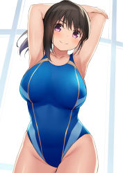 Rule 34 | 1girl, armpits, arms up, bad id, bad pixiv id, bare shoulders, black hair, blue one-piece swimsuit, breasts, cccpo, collarbone, commentary request, competition swimsuit, cowboy shot, groin, highres, large breasts, long hair, looking at viewer, one-piece swimsuit, original, ponytail, purple eyes, smile, solo, standing, swimsuit, thighs