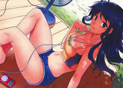 Rule 34 | 1girl, absurdres, aflame inferno, ahoge, bare legs, barefoot, blue eyes, blue hair, breasts, cleavage, collarbone, cutoffs, denim, denim shorts, digital media player, dutch angle, earbuds, earphones, electric fan, female focus, highres, kim kwang hyun, large breasts, light smile, long hair, matching hair/eyes, midriff, navel, open fly, shin chaehee, short shorts, shorts, sitting, solo, sports bra, strap lift, sweat, third-party source, unzipped