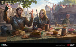Rule 34 | 2girls, 4boys, architecture, armor, beard, blonde hair, blue sky, brown hair, concept art, epic of tia, european architecture, european clothes, facial hair, food, gesture, happy, highres, key visual, long hair, multiple boys, multiple girls, official art, outdoors, promotional art, share creators inc, sky, sword, table, tree, vambraces, watermark, weapon