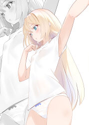 Rule 34 | 1girl, absurdres, armpits, bad anatomy, bad arm, blonde hair, blue eyes, bow, bow panties, breasts, cowboy shot, from below, highres, jervis (kancolle), kantai collection, long hair, no pants, open mouth, panties, sakurai nana (moshichi), shirt, small breasts, solo, standing, underwear, white background, white panties, white shirt, zoom layer
