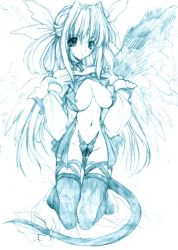 Rule 34 | 1girl, arc system works, asymmetrical wings, dizzy (guilty gear), guilty gear, monochrome, ribbon, sketch, solo, tail, tail ornament, tail ribbon, thighhighs, wings