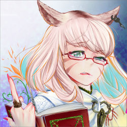 Rule 34 | 1girl, absurdres, animal ears, warrior of light (ff14), blonde hair, blue hair, book, cluseller, colored inner hair, earrings, facial mark, fang, female focus, final fantasy, final fantasy xiv, flower, glasses, gradient background, green eyes, half-closed eye, hand up, highres, holding, huge filesize, jewelry, looking at viewer, medium hair, middle finger, miqo&#039;te, multicolored hair, nail polish, open book, open mouth, orange flower, raised eyebrow, red-framed eyewear, red nails, ring, semi-rimless eyewear, shirt, simple background, single earring, skin fang, slit pupils, solo, two-tone hair, uneven eyes, whisker markings, white shirt
