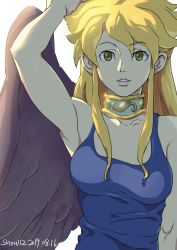 Rule 34 | 1girl, absurdres, black wings, blonde hair, breasts, breath of fire, breath of fire ii, dated, green eyes, highres, long hair, looking at viewer, nina (breath of fire ii), simple background, snow12, solo, tank top, white background, wings