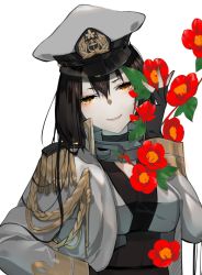 Rule 34 | 1girl, alternate costume, bad id, bad pixiv id, black hair, camellia, epaulettes, flower, hat, kantai collection, long hair, looking at viewer, military, military uniform, nagato (kancolle), naval uniform, neko (ganecooo), peaked cap, red eyes, simple background, smile, solo, uniform, upper body, white background, white hat