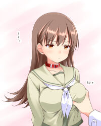 1girl admiral_(kancolle) blush breasts brown_eyes brown_hair choker grabbing_another&#039;s_breast gradient_background groping kantai_collection long_hair long_sleeves looking_at_viewer medium_breasts miyo_(miyomiyo01) neckerchief ooi_(kancolle) ooi_kai_ni_(kancolle) out_of_frame pink_background sailor_collar school_uniform serafuku