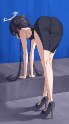 Rule 34 | 1girl, all fours, ass, ass focus, bent over, black dress, black hair, blue archive, breasts, crossed legs, double bun, dress, from behind, full body, grey eyes, hair bun, halo, high heels, highres, kisaki (blue archive), kneepits, long hair, looking at viewer, looking back, p-tree, shaded face, side slit, small breasts, solo, stage, tight clothes, tight dress, twintails, very long hair