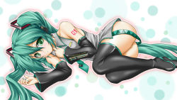Rule 34 | 1girl, aqua hair, bare shoulders, boots, detached sleeves, female focus, green eyes, hatsune miku, highres, long hair, lying, necktie, no pants, on side, roura, skirt, solo, thigh boots, thighhighs, thighs, twintails, very long hair, vocaloid