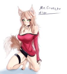 Rule 34 | 1girl, absurdres, animal ears, black panties, blush, breasts, choker, cleavage, collar, fangs, finger to mouth, fingernails, fox ears, fox girl, fox tail, hand on leg, hand on own knee, highres, large breasts, lips, long fingernails, long hair, long sleeves, looking at viewer, mr.courage616, nail polish, open mouth, orange hair, original, panties, red shirt, sharp teeth, shirt, simple background, sitting, slit pupils, smile, solo, spread legs, tail, teeth, thighs, underwear, white background