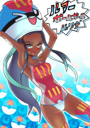 Rule 34 | 1girl, alternate costume, armpits, arms up, ball guy, blue eyes, blue hair, blush, breasts, collarbone, cowboy shot, creatures (company), dark-skinned female, dark skin, dutch angle, earrings, female focus, forehead, fumirumochigashin, game freak, hair ornament, happy, highres, holding, hoop earrings, japanese text, jewelry, long hair, looking at viewer, lure ball, mascot head, medium breasts, multicolored thighhighs, navel, nessa (pokemon), nintendo, object on head, one-piece swimsuit, open mouth, outline, poke ball, pokemon, pokemon swsh, red one-piece swimsuit, see-through, skindentation, smile, solo, standing, sweat, swimsuit, teeth, translated, very long hair, white outline