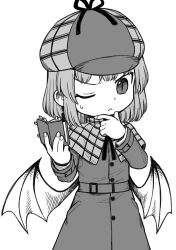 Rule 34 | 1girl, alternate costume, book, deerstalker, greyscale, hand on own chin, hands up, hat, highres, holding, holding book, long sleeves, low wings, medium hair, monochrome, one eye closed, oninamako, plaid capelet, remilia scarlet, simple background, slit pupils, solo, sweatdrop, touhou, upper body, white background, wings