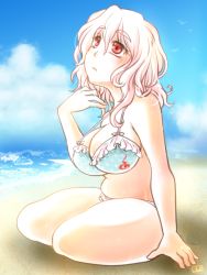 Rule 34 | 1girl, adapted costume, beach, bikini, bird, blue sky, breasts, cleavage, cloud, day, female focus, full body, kamui setsuna, large breasts, ocean, outdoors, pink hair, plump, red eyes, saigyouji yuyuko, sand, short hair, sitting, sky, solo, swimsuit, thick thighs, thighs, touhou, water