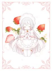 Rule 34 | 1girl, apron, bad id, bad pixiv id, blush, bow, chibi, closed eyes, closed mouth, dress, facing viewer, flower, food, frilled apron, frills, fruit, gloves, grey hair, hair between eyes, interlocked fingers, mattang, original, own hands clasped, own hands together, pink footwear, puffy short sleeves, puffy sleeves, short sleeves, smile, solo, strawberry, strawberry blossoms, striped, striped bow, thighhighs, waist apron, white apron, white bow, white dress, white flower, white gloves, white thighhighs