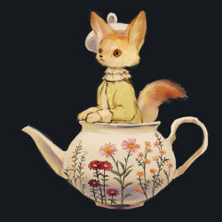 Rule 34 | animal, animal focus, black background, brown eyes, closed mouth, clothed animal, collar, collared shirt, commentary, commentary request, dress shirt, english commentary, fennec fox, flower, frilled shirt collar, frills, full body, highres, in teapot, mini person, minimized, no humans, orange flower, original, pink flower, porcelain, red flower, shirt, simple background, sleeve cuffs, solo, teapot, three quarter view, tono (rt0no), white collar, yellow shirt