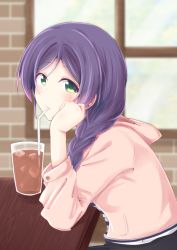 Rule 34 | 1girl, blurry, blurry background, blush, braid, brick wall, casual, chiro (bocchiropafe), cup, drinking, drinking glass, drinking straw, elbows on table, green eyes, hair over shoulder, head rest, highres, hood, hood down, hooded jacket, ice, ice cube, indoors, jacket, long hair, long sleeves, looking at viewer, love live!, love live! school idol festival, love live! school idol project, pink jacket, purple hair, single braid, sitting, solo, table, tojo nozomi, upper body, window