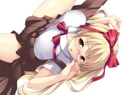 Rule 34 | 1girl, blonde hair, blush, breasts, brown eyes, covered erect nipples, glasses, hair ribbon, large breasts, legs, long hair, looking at viewer, lying, open mouth, ribbon, sabotencc, school uniform, simple background, skirt, spread legs, thighs