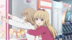 Rule 34 | 2girls, animated, animated gif, arcade, arcade cabinet, blonde hair, blue eyes, blunt bangs, bow, grabbing another&#039;s breast, brown hair, casual, closed eyes, crane game, doll, flat chest, flat chest grab, from side, grabbing, grabbing from behind, groping, hair bow, hair ornament, hairclip, long hair, long sleeves, looking at viewer, looking to the side, multiple girls, non-web source, oomuro sakurako, open mouth, outstretched arms, rubbing, sweater, talking, toshinou kyouko, trembling, yuri, yuru yuri