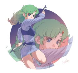 Rule 34 | 1980s (style), 1girl, blue eyes, breasts, closed mouth, dress, elchi cargo, green hair, hair ornament, hairclip, knife, long hair, looking at viewer, oldschool, retro artstyle, sentou mecha xabungle, signature, smile, solo, umeno ryuuji, weapon