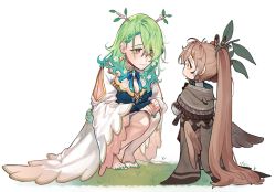 Rule 34 | 2girls, absurdly long hair, aged down, antlers, braid, brown cloak, brown eyes, brown hair, ceres fauna, cloak, dress, earrings, eus ing, feather hair ornament, feathers, flower, french braid, green hair, green nails, hair flower, hair ornament, hair over one eye, hairclip, hololive, hololive english, horns, jewelry, leaf, long hair, long sleeves, looking at another, mole, mole under eye, multiple girls, nail polish, nanashi mumei, ponytail, squatting, very long hair, virtual youtuber, white background, white dress, white flower, wings, yellow eyes