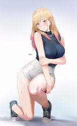 Rule 34 | 1girl, absurdres, barbell piercing, bare arms, bare shoulders, blonde hair, blue footwear, blue shirt, blush, breasts, commentary, ear piercing, earrings, english commentary, gradient background, gradient hair, hand on own arm, highleg shorts, highres, jewelry, kitagawa marin, large breasts, long hair, looking at viewer, multicolored hair, mymzi, nail polish, necklace, on one knee, parted lips, pearl necklace, piercing, pink hair, pink nails, red eyes, shirt, shirt tucked in, shoes, shorts, sleeveless, sleeveless turtleneck, smile, sneakers, solo, sono bisque doll wa koi wo suru, sweat, taut clothes, taut shirt, thighs, tiptoes, turtleneck, twitter username, white shorts