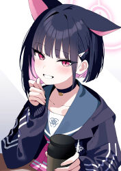 Rule 34 | 1girl, absurdres, animal ears, black choker, black hair, black jacket, blue archive, blue sailor collar, blush, cat ears, choker, collarbone, colored inner hair, commentary request, extra ears, hair ornament, hairclip, halo, highres, holding, holding thermos, jacket, kazusa (blue archive), long sleeves, looking at viewer, multicolored hair, neckerchief, odaneru apart, pink eyes, pink hair, pink neckerchief, sailor collar, short hair, smile, solo, thermos, upper body, white background