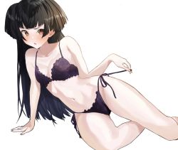Rule 34 | 1girl, arm support, bare shoulders, black hair, blunt bangs, blush, bra, breasts, cleavage, collarbone, commentary request, crossed legs, fingernails, frilled bra, frilled panties, frills, gluteal fold, highres, idolmaster, idolmaster shiny colors, long hair, looking at viewer, lying, mayuzumi fuyuko, medium breasts, miito (meeeeton333), nail polish, navel, on side, open mouth, panties, pink nails, purple bra, purple panties, raised eyebrow, reclining, red eyes, ribbon, ringed eyes, side-tie panties, simple background, solo, stomach, thighs, underwear, underwear only, undressing, untying, very long hair, white background