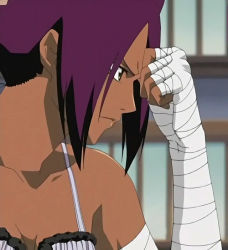 Rule 34 | 00s, 1girl, bandages, bandaged arm, bandages, bare shoulders, bleach, collarbone, dark-skinned female, dark skin, frown, hand up, head rest, indoors, non-web source, profile, purple hair, screencap, shihouin yoruichi, solo