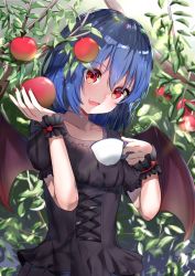 Rule 34 | 1girl, absurdres, alternate costume, apple, apple tree, arm up, bat wings, black shirt, black skirt, blouse, blue hair, blush, collarbone, cup, day, dress, fang, fingernails, food, fruit, garaudon, head tilt, highres, holding, holding cup, holding food, holding fruit, light blush, looking at viewer, nail polish, no headwear, open mouth, outdoors, puffy short sleeves, puffy sleeves, red eyes, red nails, remilia scarlet, sharp fingernails, shirt, short hair, short sleeves, skirt, solo, teacup, teeth, touhou, tree, upper body, upper teeth only, wings, wrist cuffs