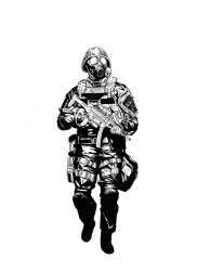 Rule 34 | 1boy, absurdres, bag, belt, black gloves, body armor, buckle, bulletproof vest, combat helmet, facing ahead, gas mask, gloves, greyscale, gun, helmet, highres, holding, holding gun, holding weapon, hunk (resident evil), knee pads, littledemon (user dnuj4273), long sleeves, mask, monochrome, optical sight, pouch, resident evil, resident evil 2, resident evil 2 (remake), simple background, snap-fit buckle, solo, standing, submachine gun, tactical clothes, uniform, utility belt, weapon, white background