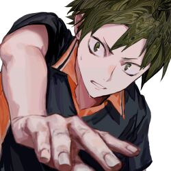 Rule 34 | 1boy, collared shirt, green eyes, green hair, haikyuu!!, highres, karasuno volleyball uniform, male focus, outstretched arm, parted lips, patterned hair, playing sports, shirt, short hair, simple background, solo, sportswear, sweat, volleyball, volleyball uniform, white background, yadu nadu, yamaguchi tadashi
