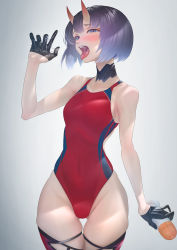 Rule 34 | 1girl, black gloves, blush, bob cut, breasts, choker, competition swimsuit, eyeliner, fate/grand order, fate (series), fellatio gesture, gloves, half gloves, highleg, highleg swimsuit, highres, horns, imizu (nitro unknown), looking at viewer, lotion, lotion bottle, makeup, one-piece swimsuit, oni, open mouth, oral invitation, purple eyes, purple hair, red one-piece swimsuit, short hair, shuten douji (fate), skin-covered horns, skindentation, small breasts, suggestive fluid, swimsuit, thighs, tongue, tongue out, wide hips