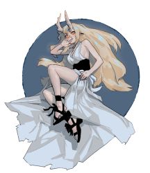 Rule 34 | 1girl, bare shoulders, black footwear, black sash, blonde hair, blue background, blush, borrowed character, breasts, dress, embarrassed, full body, gogalking, hand up, highres, horns, iga (okame nin), large breasts, long dress, long hair, looking at viewer, orange eyes, original, pointy ears, sandals, sash, skin-covered horns, solo, spiked horns, white dress, wide-eyed