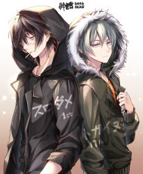 Rule 34 | 2boys, akira (togainu no chi), back-to-back, black hair, black hoodie, black shirt, blue eyes, commentary request, company connection, crossover, dated, dog tags, eyepatch, from side, fur-trimmed hood, fur trim, grey hair, hair between eyes, highres, hood, hoodie, looking at viewer, male focus, medical eyepatch, multiple boys, open clothes, open hoodie, orange shirt, scar, scar on face, scar on mouth, shirt, short hair, slow damage, smoking, togainu no chi, towa (slow damage), translation request, upper body, white background, willfin, yellow eyes