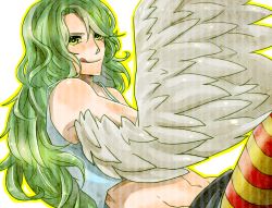 Rule 34 | 1girl, camisole, donquixote pirates, feathered wings, green eyes, green hair, harpy, matching hair/eyes, monet (one piece), monster girl, one piece, shorts, solo, striped legwear, wings
