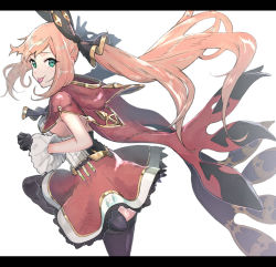 Rule 34 | 10s, 1girl, belt, black gloves, black thighhighs, blush, breasts, brown hair, cape, clarisse (granblue fantasy), dress, frilled dress, frills, gloves, granblue fantasy, green eyes, hair ribbon, highres, letterboxed, long hair, looking at viewer, open mouth, ponytail, ribbon, shikuro (masax1107), skirt, smile, solo, test tube, thighhighs, tongue, tongue out