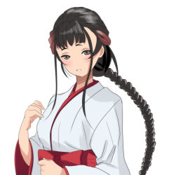 Rule 34 | 1girl, black eyes, black hair, braid, brown hair, commentary request, gradient hair, hakama, japanese clothes, kantai collection, kimono, light smile, long hair, looking at viewer, mikagami kagari, miko, multicolored hair, parted lips, red hakama, simple background, single braid, smile, solo, upper body, white background, white kimono, yamashio maru (kancolle)