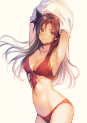 Rule 34 | 1girl, armpits, arms up, bikini, blush, breasts, brown hair, cleavage, fate/stay night, fate (series), front-tie top, fujikawa arika, green eyes, hair ribbon, long hair, medium breasts, navel, red bikini, ribbon, simple background, solo, swimsuit, tohsaka rin, two side up, undressing, white background
