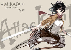 Rule 34 | 1girl, bandages, bandaged arm, belt, belt buckle, black eyes, black hair, breasts, brown jacket, buckle, buttons, character name, closed mouth, copyright name, dual wielding, hair between eyes, highres, holding, holding sword, holding weapon, jacket, lips, long sleeves, looking at viewer, medium breasts, mikasa ackerman, open clothes, open jacket, pants, red scarf, ri (1071362165), scarf, shingeki no kyojin, shirt, short hair, smile, solo, sword, thigh strap, three-dimensional maneuver gear, weapon, white pants, white shirt