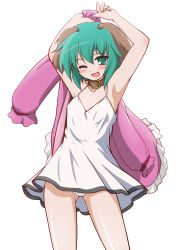 Rule 34 | 1girl, ;d, alternate costume, animal ears, armpits, arms up, bare arms, bare shoulders, blush, camisole, collar, dog ears, fang, flat chest, gluteal fold, green eyes, green hair, hair between eyes, highres, kasodani kyouko, looking at viewer, matching hair/eyes, one eye closed, open mouth, outstretched arms, panties, pantyshot, short hair, smile, solo, standing, teitoku, touhou, underwear, white panties