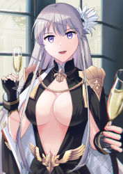 Rule 34 | 1girl, alcohol, azur lane, black gloves, breasts, center opening, champagne flute, cleavage, cup, dress, drinking glass, enterprise (azur lane), enterprise (heroic finery) (azur lane), evening gown, feather hair ornament, feathers, fingerless gloves, gloves, hair ornament, highres, holding, holding cup, large breasts, long dress, looking at viewer, official alternate costume, open mouth, purple eyes, silver hair, taki tohko, upper body, window