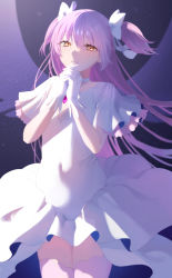 Rule 34 | 1girl, absurdres, bow, choker, dress, frilled sleeves, frills, gloves, grin, hair bow, hands up, highres, kaname madoka, long hair, looking at viewer, mahou shoujo madoka magica, mahou shoujo madoka magica (anime), okazaki sato, own hands clasped, own hands together, pink thighhighs, short sleeves, smile, solo, teeth, thighhighs, two side up, ultimate madoka, white bow, white choker, white dress, white gloves, yellow eyes, zettai ryouiki