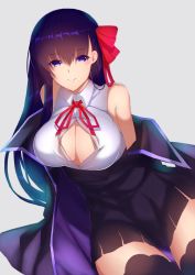 Rule 34 | 10s, 1girl, bare shoulders, bb (fate), bb (fate/extra), black dress, breasts, bursting breasts, cleavage cutout, clothes down, clothing cutout, dress, fate/extra, fate/extra ccc, fate (series), hair ribbon, kameponde, large breasts, light smile, looking at viewer, purple eyes, ribbon, short dress, sidelocks, sitting, solo, turtleneck, yokozuwari